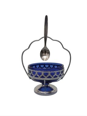 VINTAGE  cobalt blue glass  jam bowl with spoon
